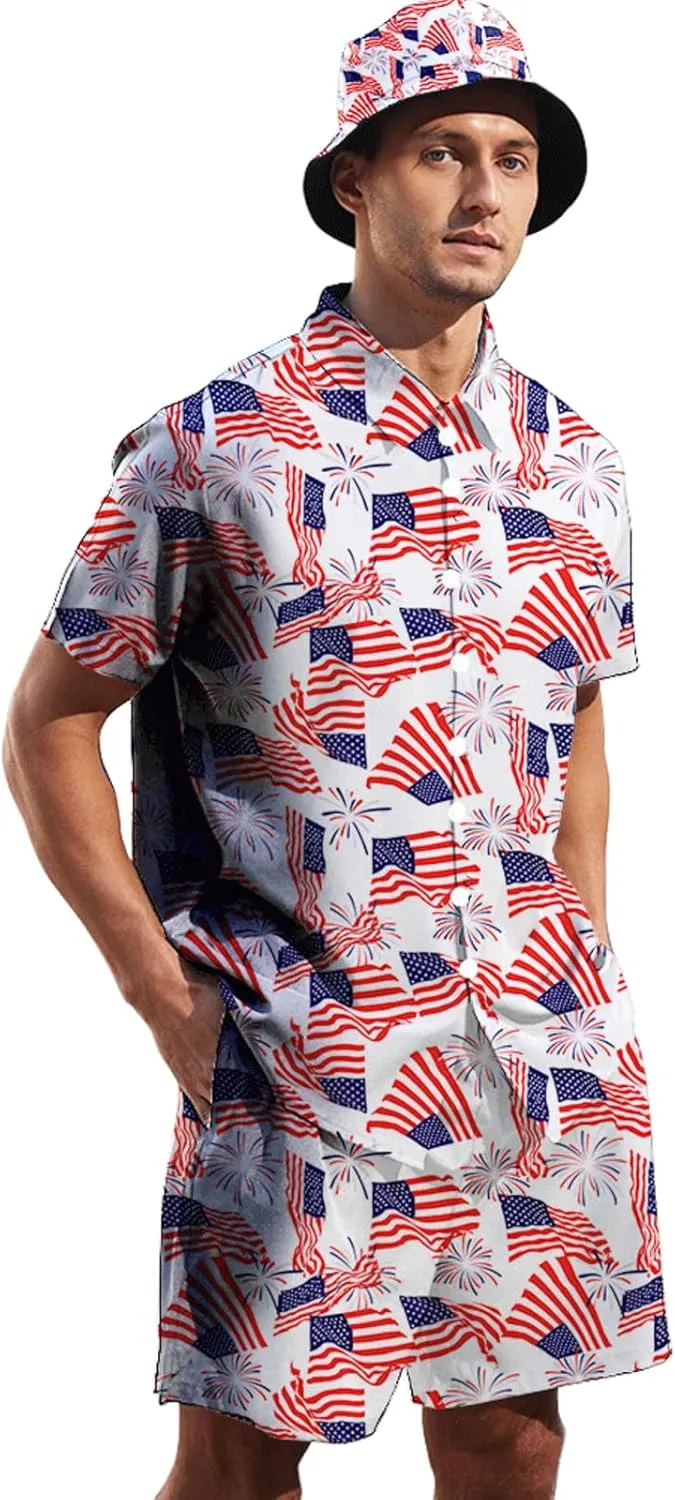 2 Piece Outfits Hawaiian Shirt and Shorts with Hat