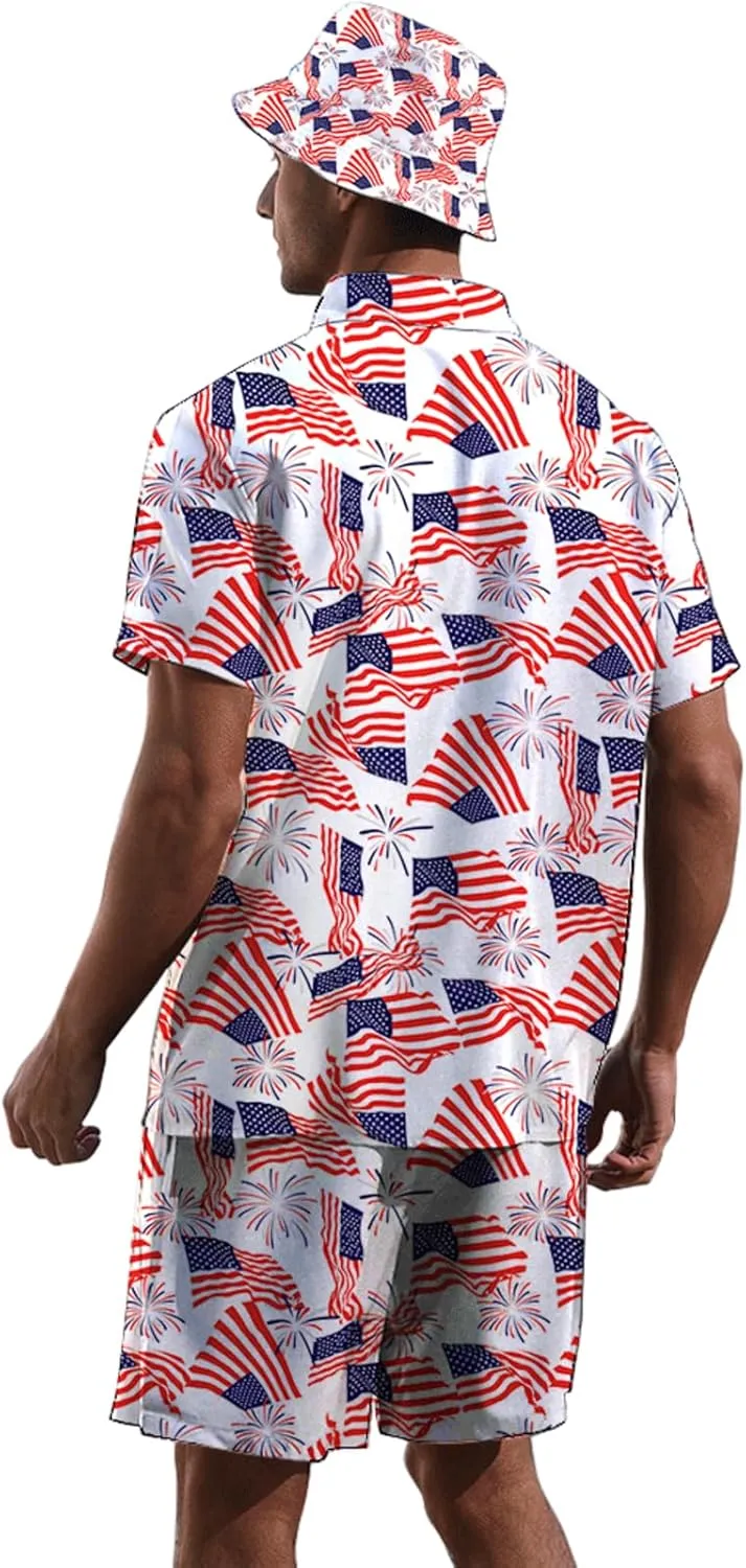 2 Piece Outfits Hawaiian Shirt and Shorts with Hat
