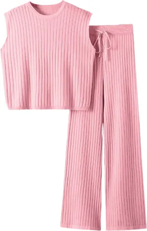 2 Piece Outfits Sweater Sets Knit Sleeveless Pullover Top High Waisted Pants Tracksuits for Women