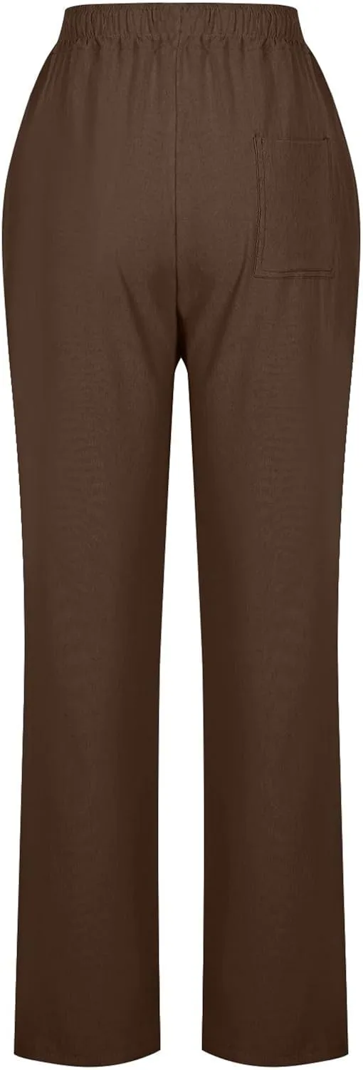 2025 Women Summer Lounge Pants High Waisted Cotton Linen Palazzo Pants Wide Leg Long Trousers with Pockets Fit Slacks