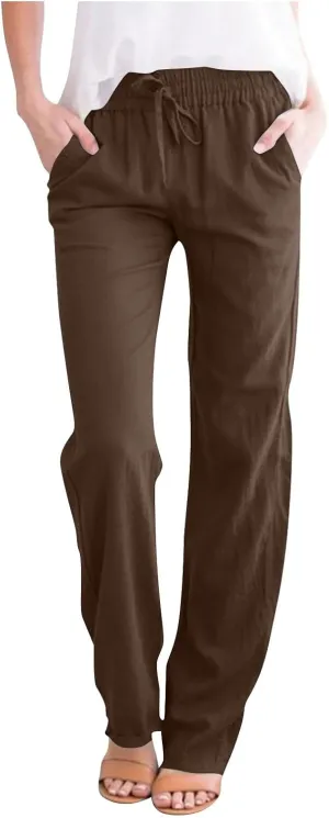 2025 Women Summer Lounge Pants High Waisted Cotton Linen Palazzo Pants Wide Leg Long Trousers with Pockets Fit Slacks