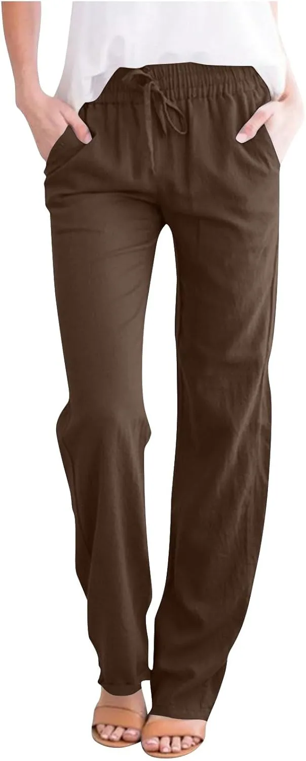 2025 Women Summer Lounge Pants High Waisted Cotton Linen Palazzo Pants Wide Leg Long Trousers with Pockets Fit Slacks