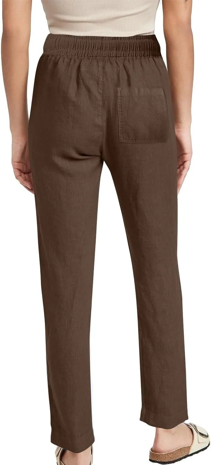 2025 Women Summer Lounge Pants High Waisted Cotton Linen Palazzo Pants Wide Leg Long Trousers with Pockets Fit Slacks