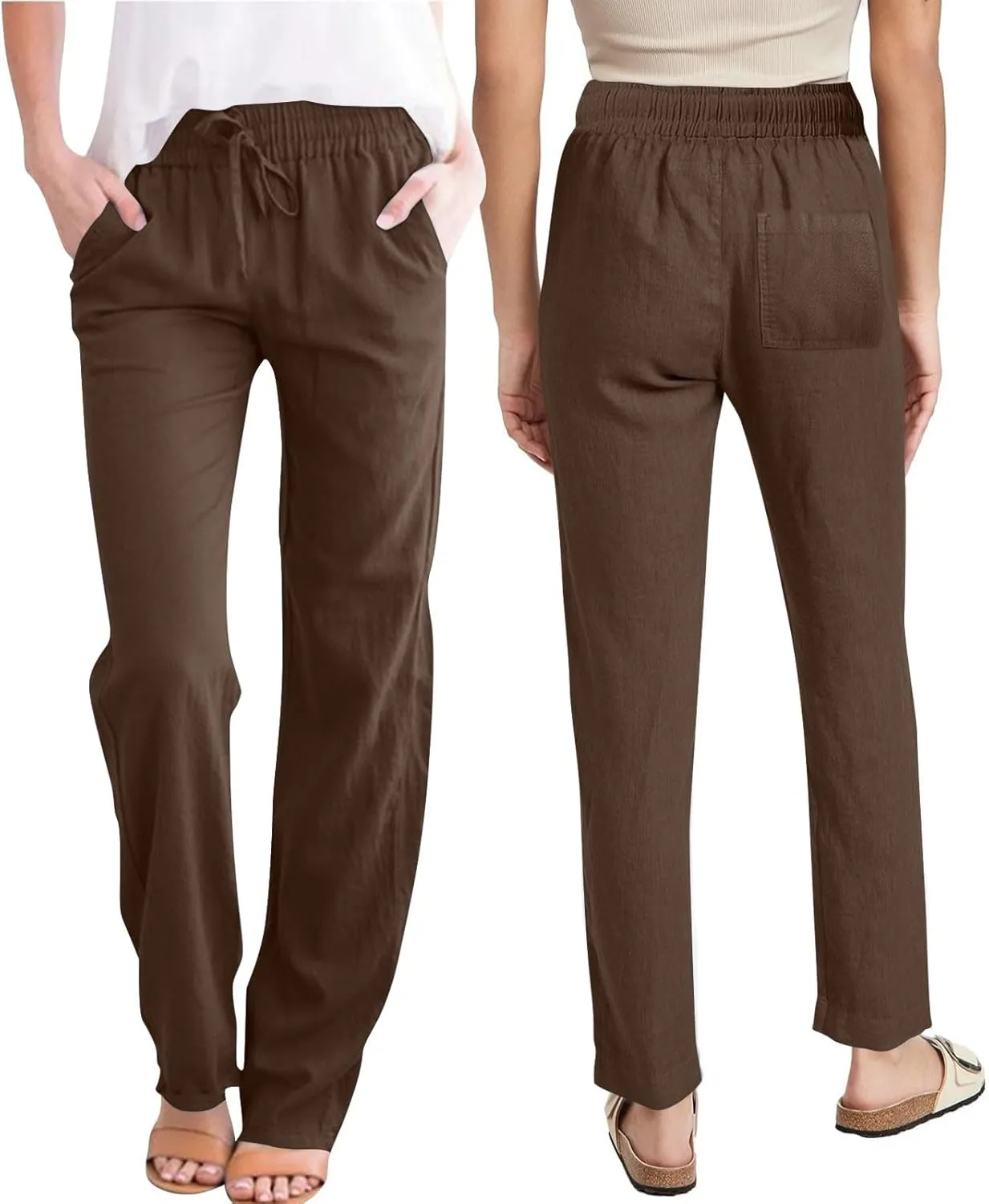 2025 Women Summer Lounge Pants High Waisted Cotton Linen Palazzo Pants Wide Leg Long Trousers with Pockets Fit Slacks