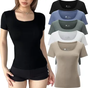 5 Pack Short Sleeve for Womens Square Neck T Shirts Fashion Casual Basic Tees Tops Summer Outfits Clothes 2025