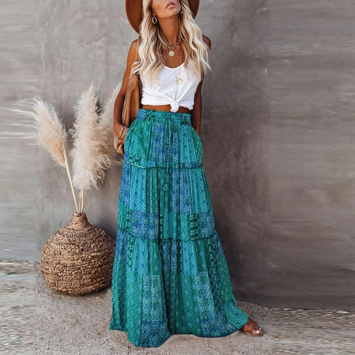 ADHOWBEW Boho Skirts for Women Floral Print African Cotton High Waist Smocked Sexy Beach Skirts