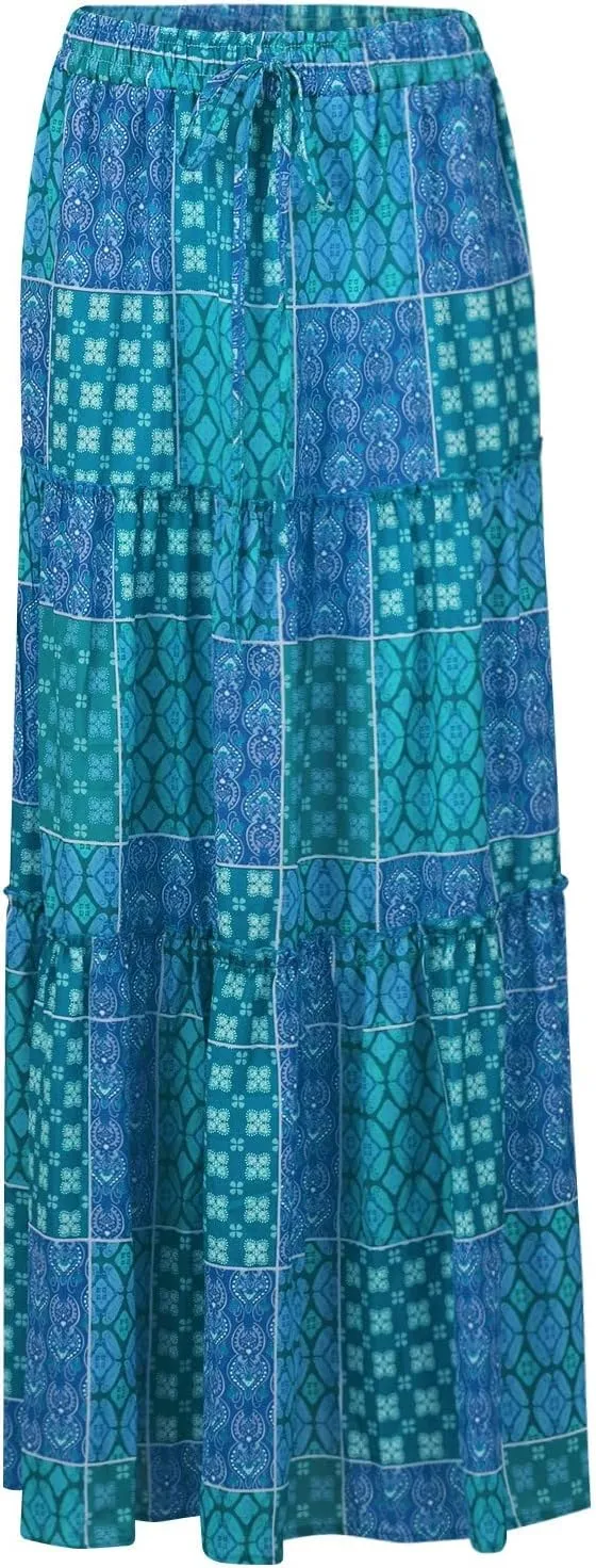 ADHOWBEW Boho Skirts for Women Floral Print African Cotton High Waist Smocked Sexy Beach Skirts