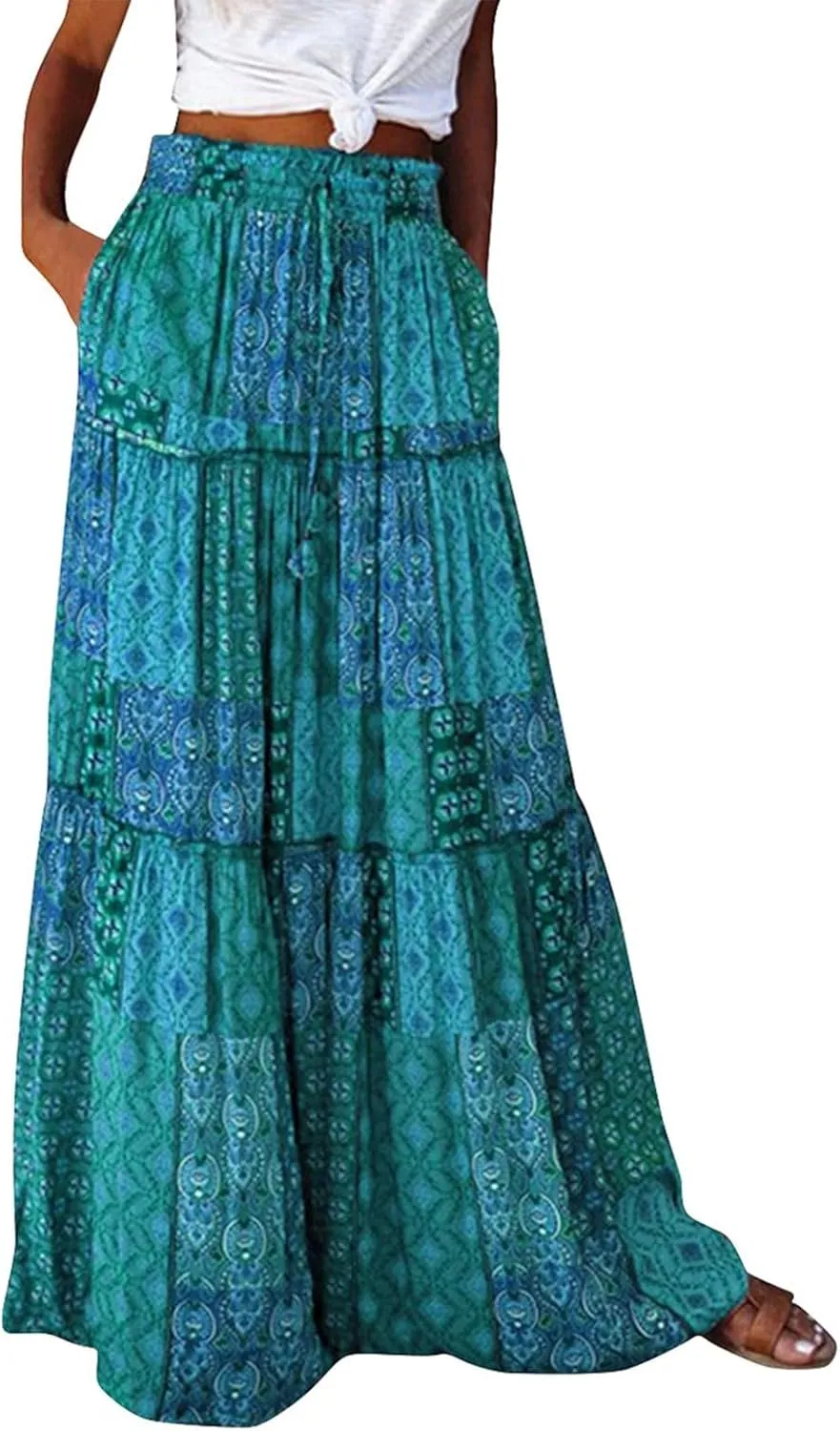 ADHOWBEW Boho Skirts for Women Floral Print African Cotton High Waist Smocked Sexy Beach Skirts