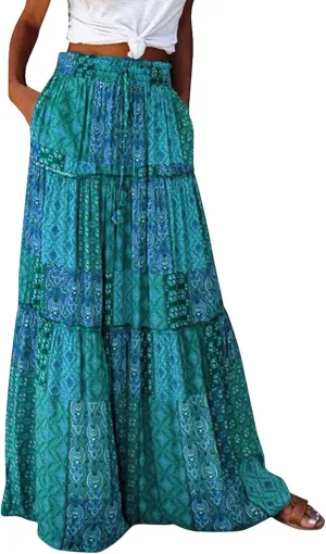 ADHOWBEW Boho Skirts for Women Floral Print African Cotton High Waist Smocked Sexy Beach Skirts