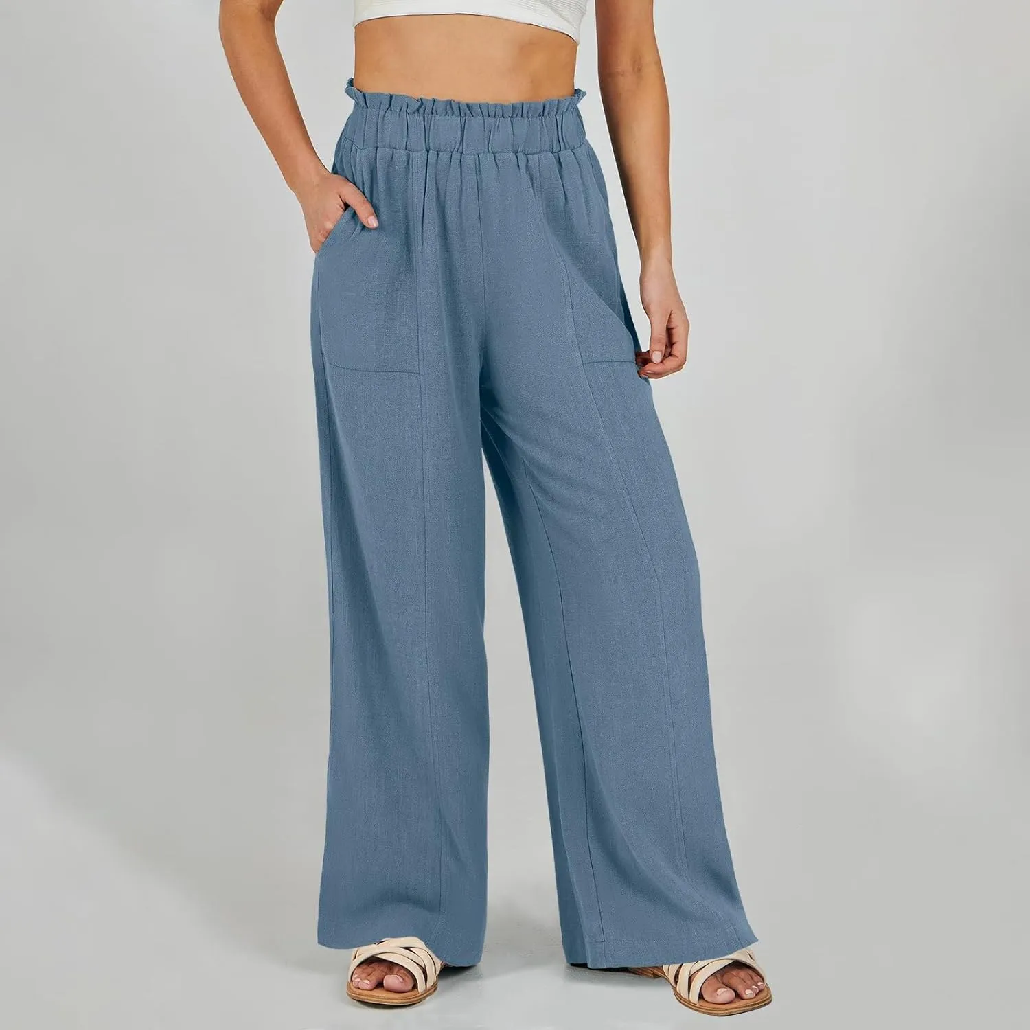 ADHOWBEW Linen Dress Pants Women Cotton Plus Size Dressy Petite Work Flowy Casual Lounge Stretch High Waisted Cotton Pants