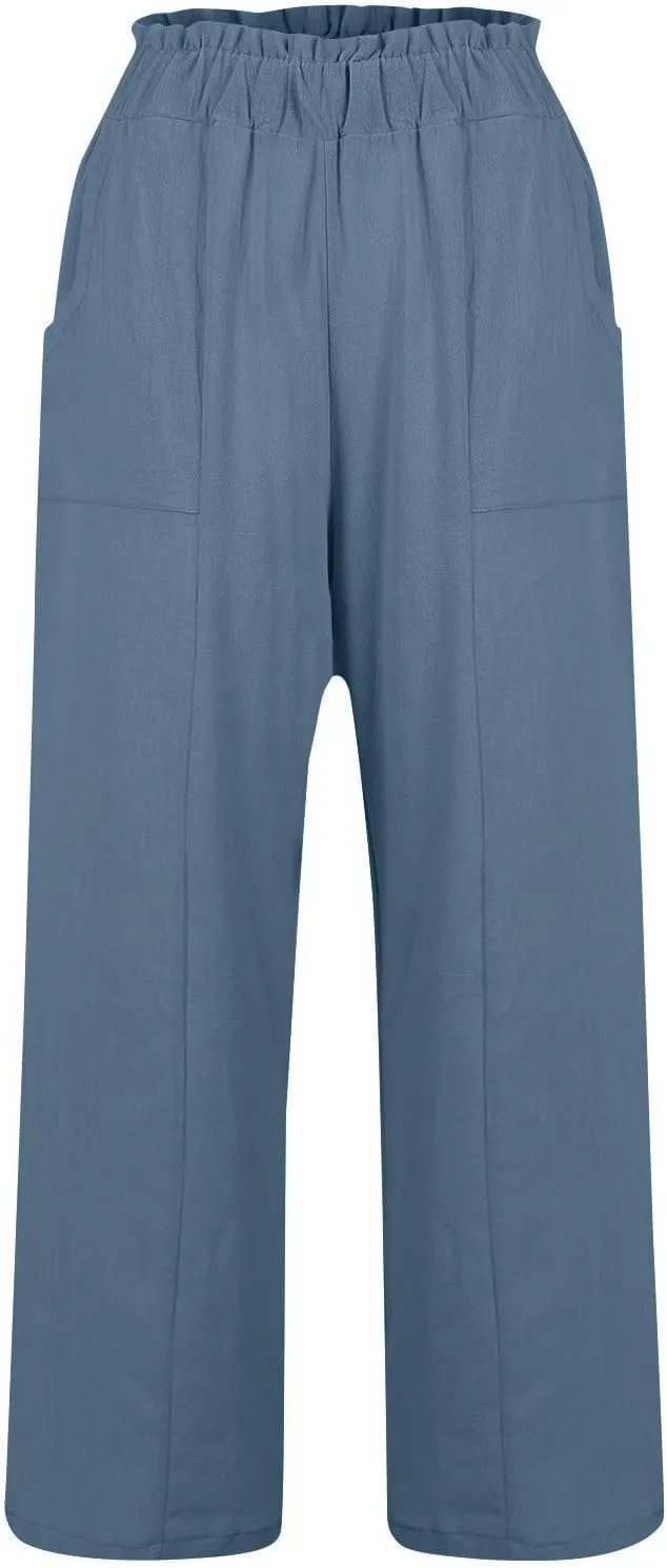 ADHOWBEW Linen Dress Pants Women Cotton Plus Size Dressy Petite Work Flowy Casual Lounge Stretch High Waisted Cotton Pants