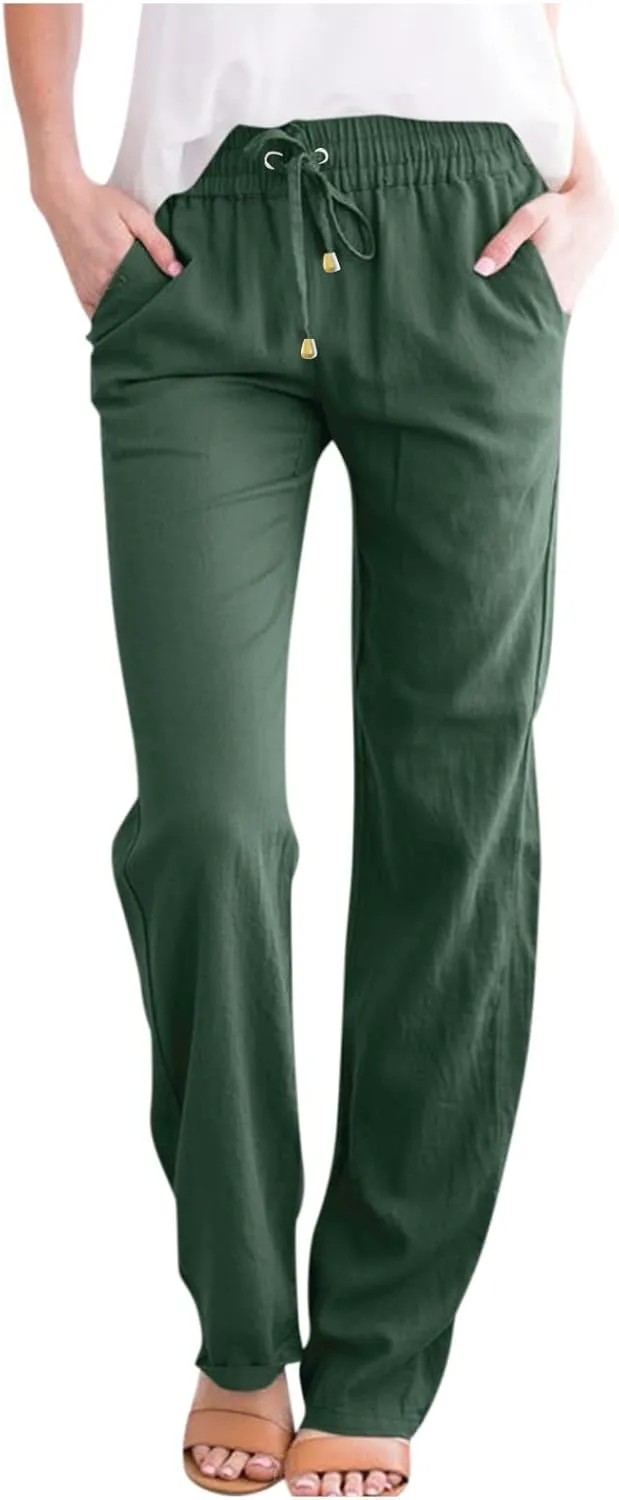 ADHOWBEW Linen Pants Women Plus Size Flowy Stretch Petite Cotton High Waisted Work Dressy Casual Plus Size Lounge Pants