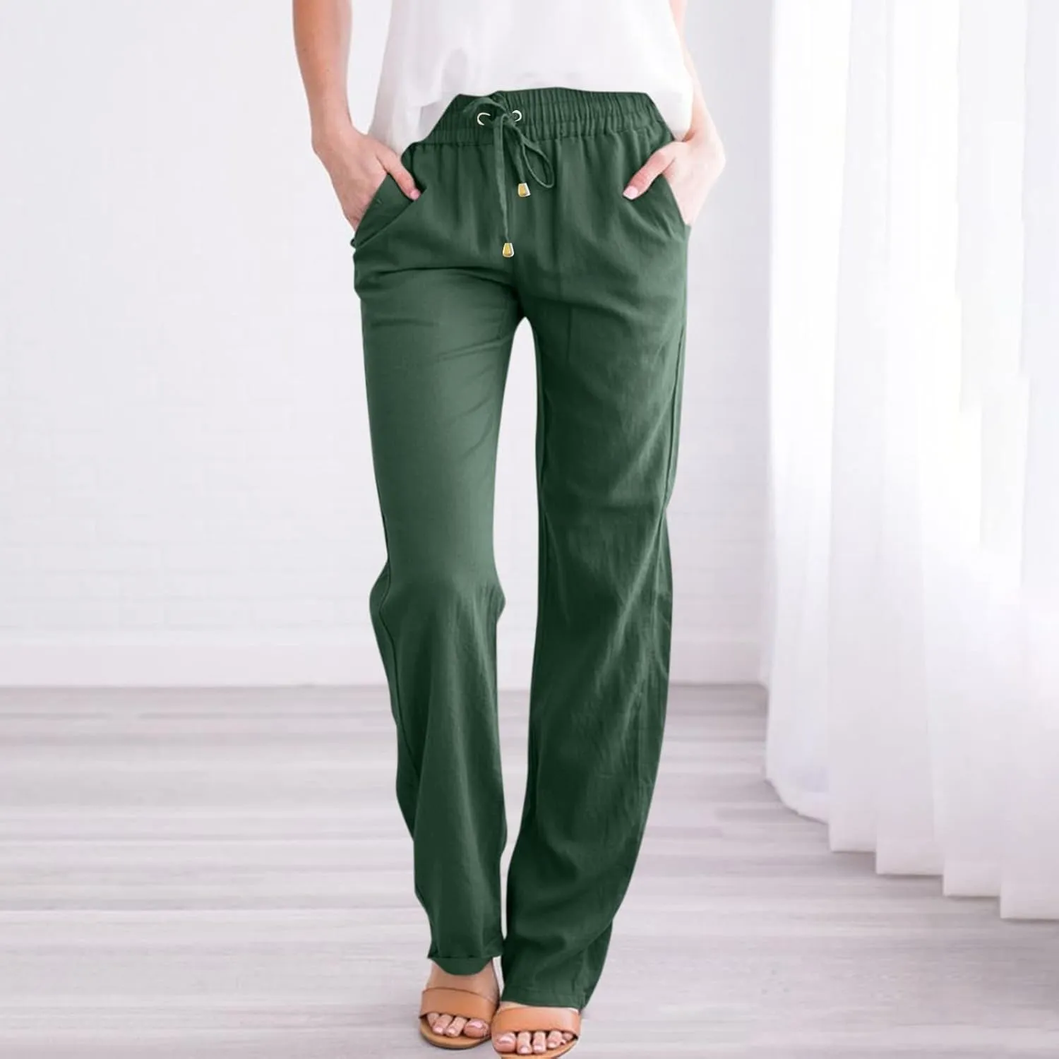 ADHOWBEW Linen Pants Women Plus Size Flowy Stretch Petite Cotton High Waisted Work Dressy Casual Plus Size Lounge Pants