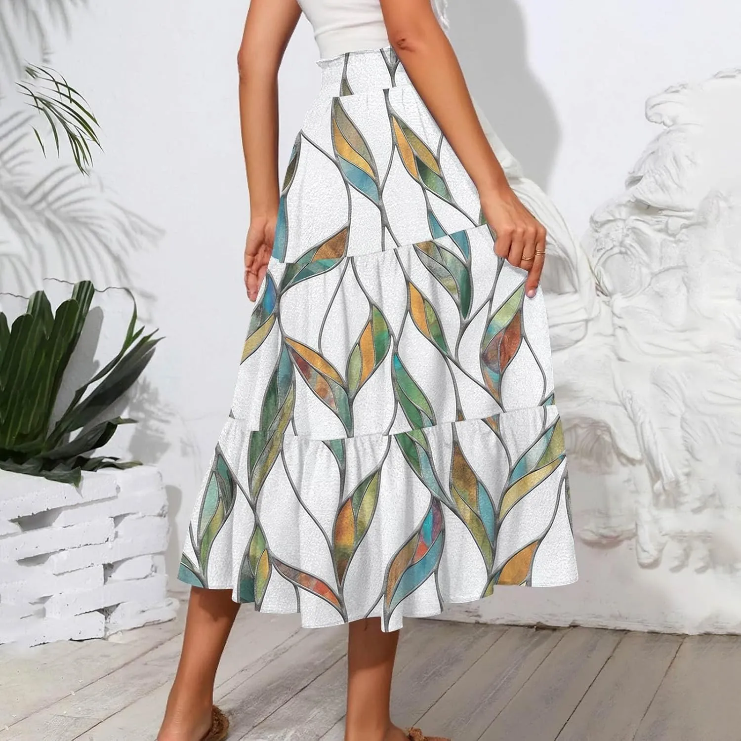 ADHOWBEW Maxi Skirts for Women Summer Beach Cotton Casual Floral Print Trendy Smocked High Waist Skirts