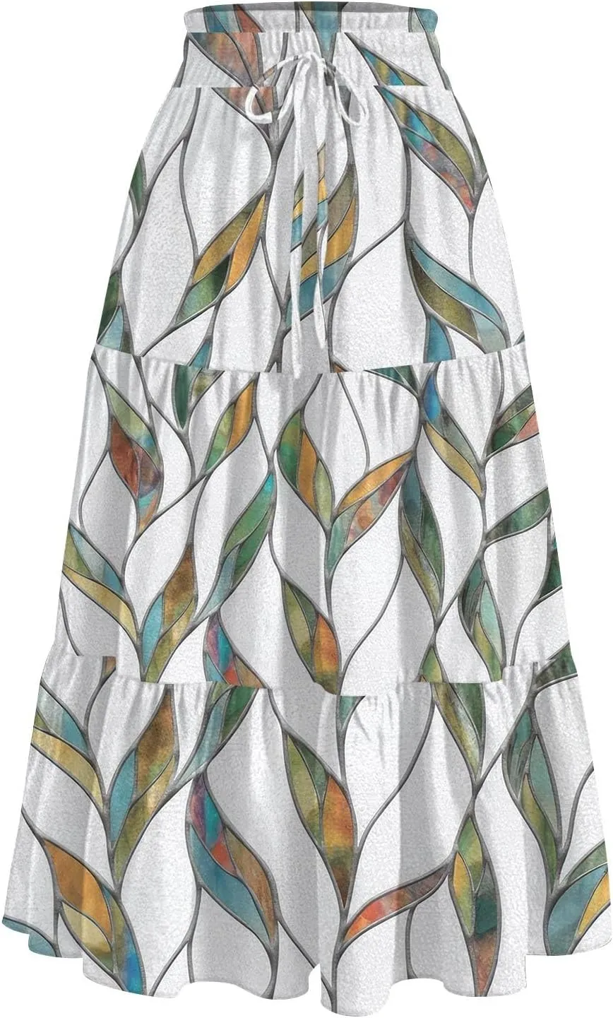 ADHOWBEW Maxi Skirts for Women Summer Beach Cotton Casual Floral Print Trendy Smocked High Waist Skirts
