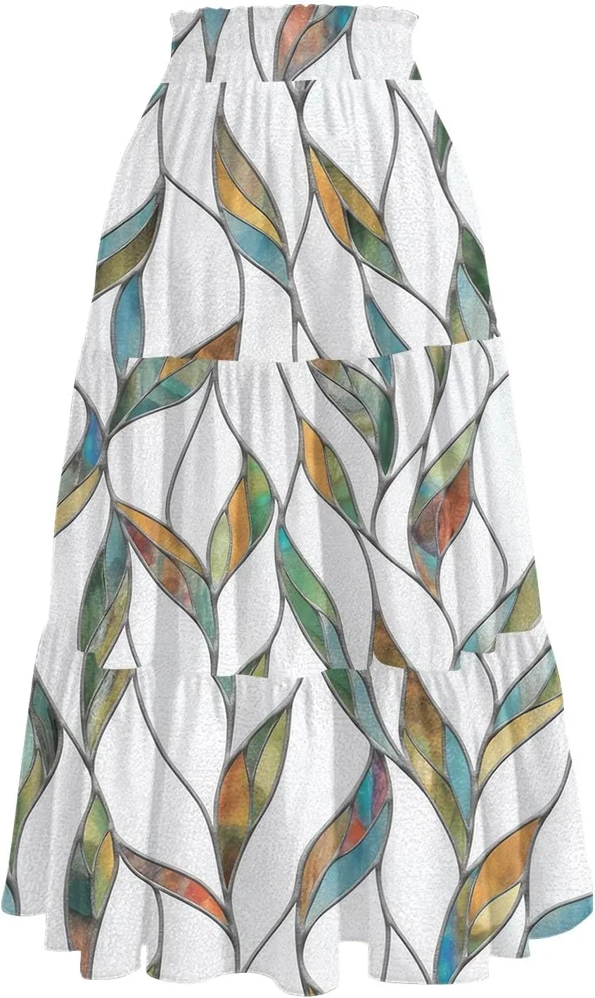 ADHOWBEW Maxi Skirts for Women Summer Beach Cotton Casual Floral Print Trendy Smocked High Waist Skirts