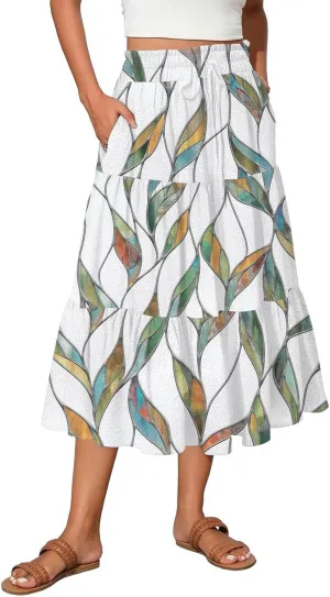 ADHOWBEW Maxi Skirts for Women Summer Beach Cotton Casual Floral Print Trendy Smocked High Waist Skirts