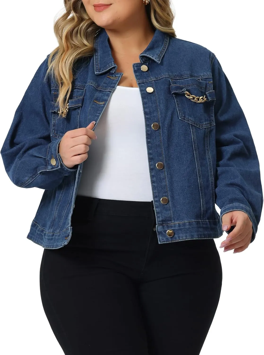 Agnes Orinda Plus Size Denim Jacket for Women Long Sleeves Button Down Cropped Jean Jackets