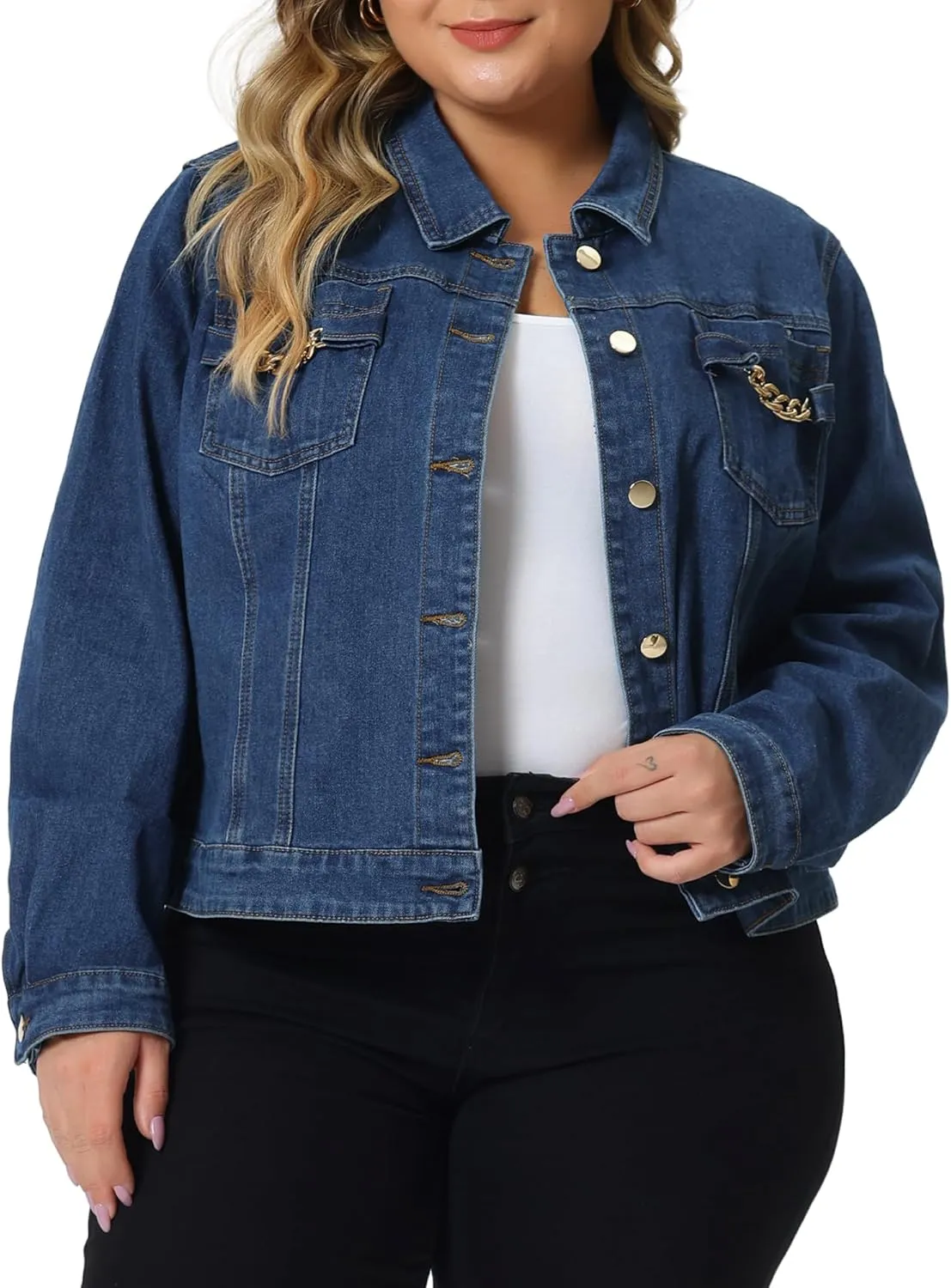 Agnes Orinda Plus Size Denim Jacket for Women Long Sleeves Button Down Cropped Jean Jackets