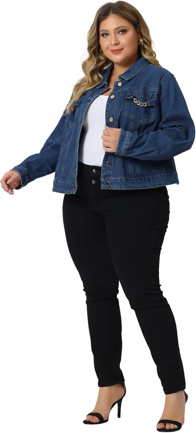 Agnes Orinda Plus Size Denim Jacket for Women Long Sleeves Button Down Cropped Jean Jackets