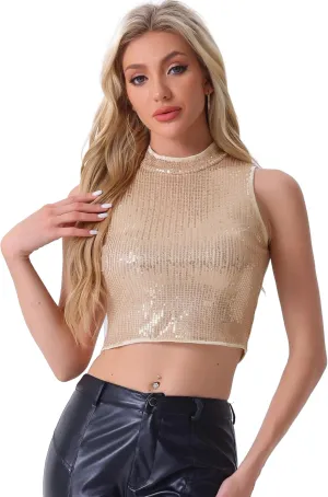 Allegra K Metallic Crop Top for Women's Sleeveless Sparkly Sequin Tops