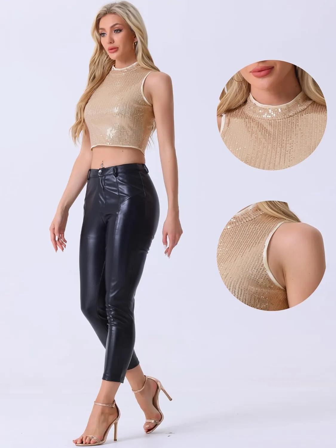 Allegra K Metallic Crop Top for Women's Sleeveless Sparkly Sequin Tops
