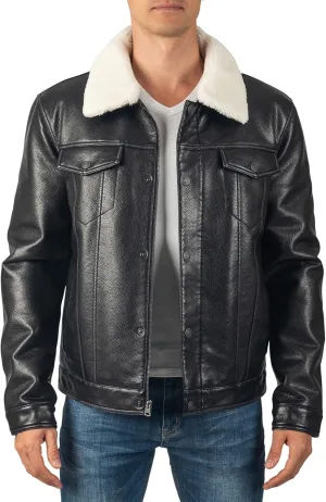 Alpine Swiss Aaron Mens Trucker Jacket Sherpa Collar Vegan Leather Warm Casual Coat