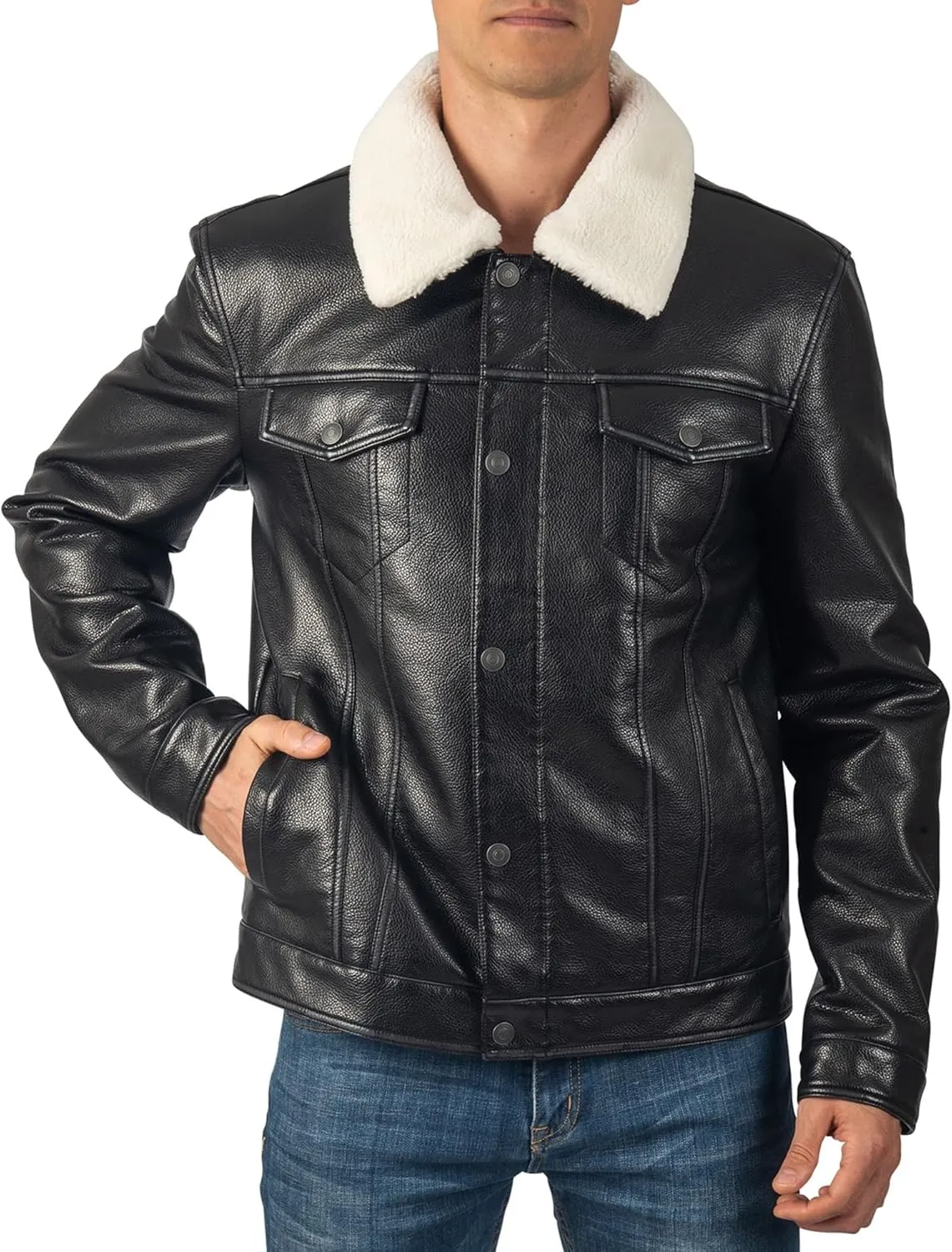 Alpine Swiss Aaron Mens Trucker Jacket Sherpa Collar Vegan Leather Warm Casual Coat