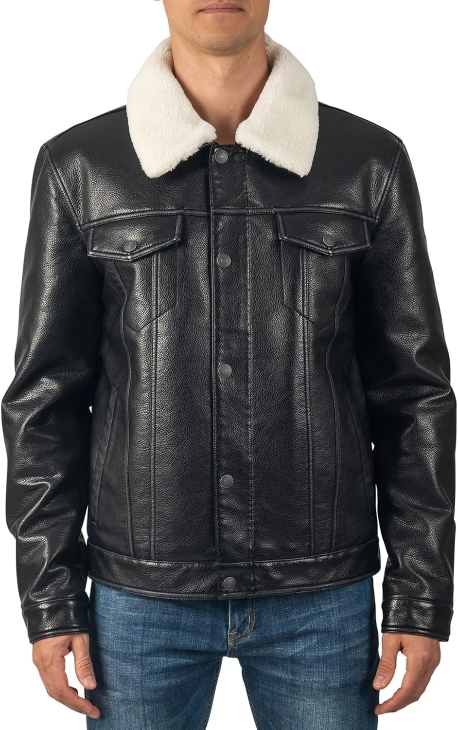 Alpine Swiss Aaron Mens Trucker Jacket Sherpa Collar Vegan Leather Warm Casual Coat