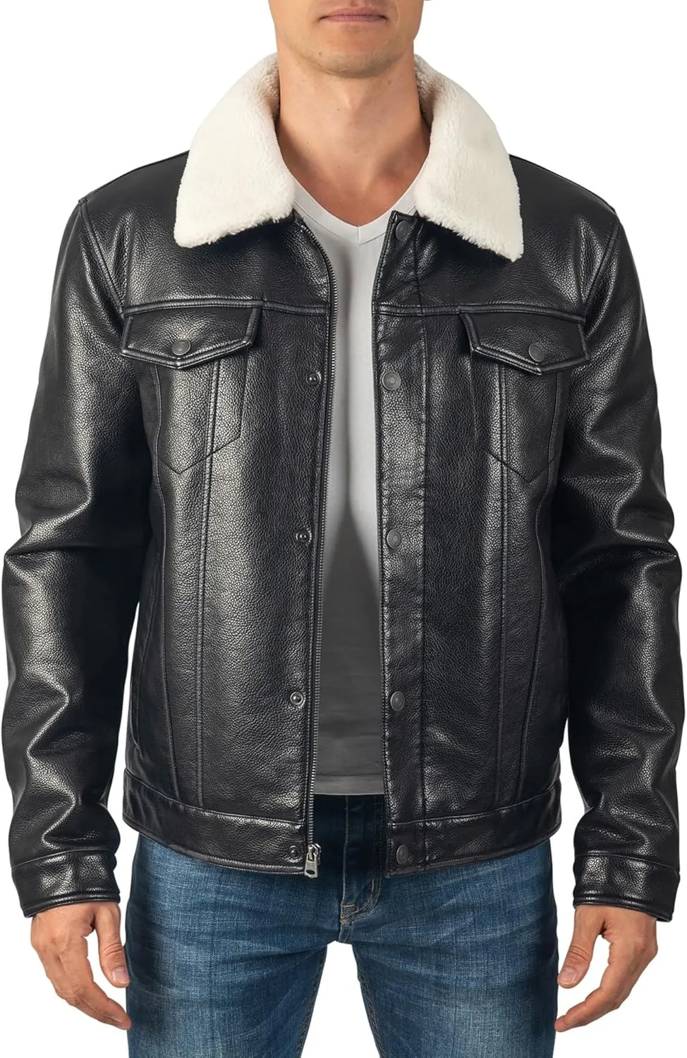 Alpine Swiss Aaron Mens Trucker Jacket Sherpa Collar Vegan Leather Warm Casual Coat