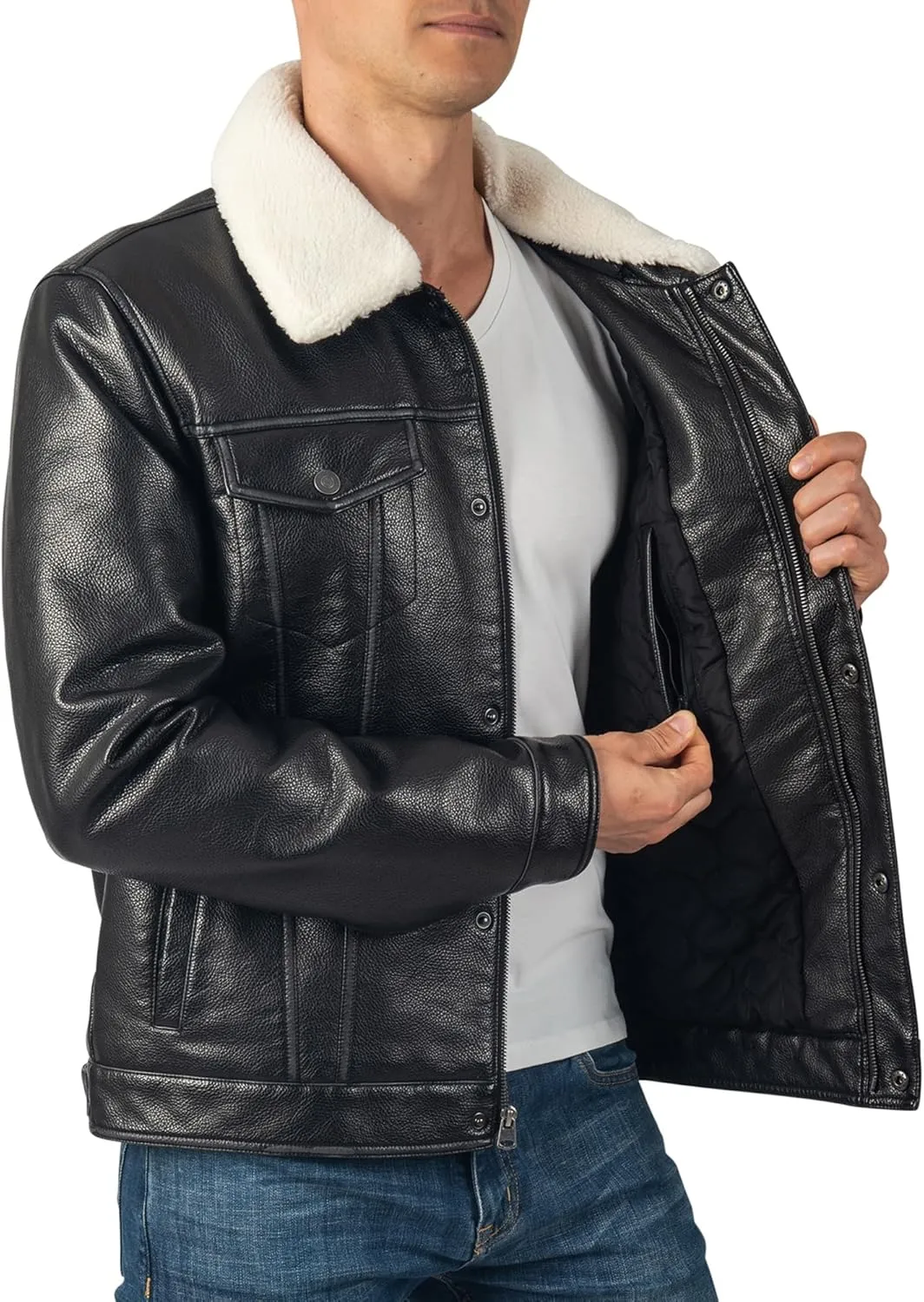 Alpine Swiss Aaron Mens Trucker Jacket Sherpa Collar Vegan Leather Warm Casual Coat