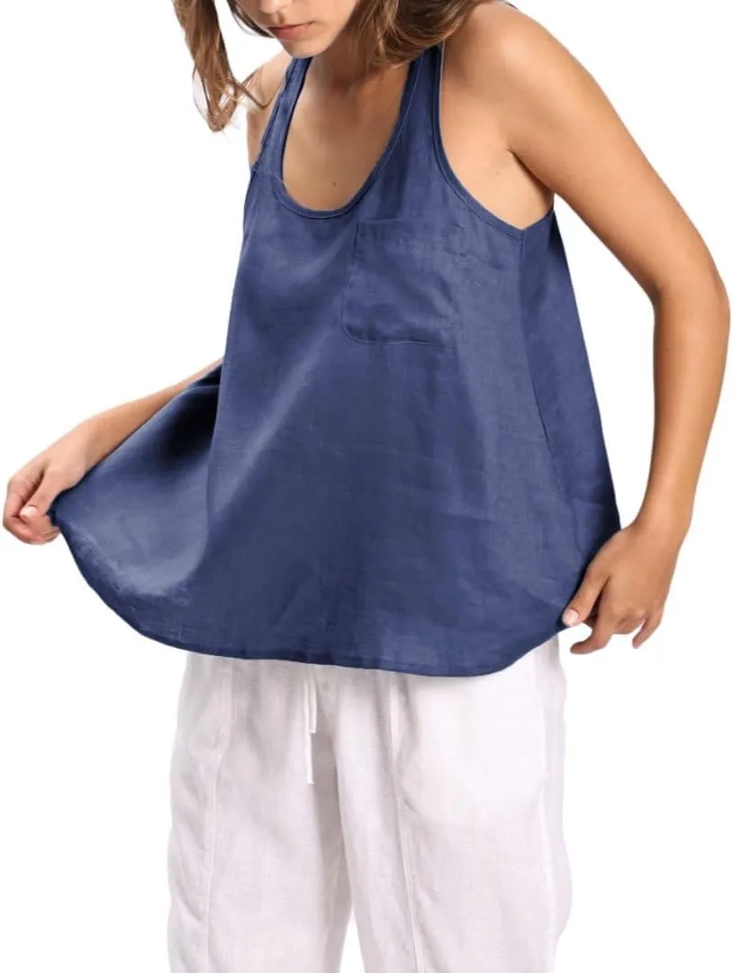 Amazhiyu Women's 100% Linen Summer Scoop Neck Sleeveless Racerback Tank Top