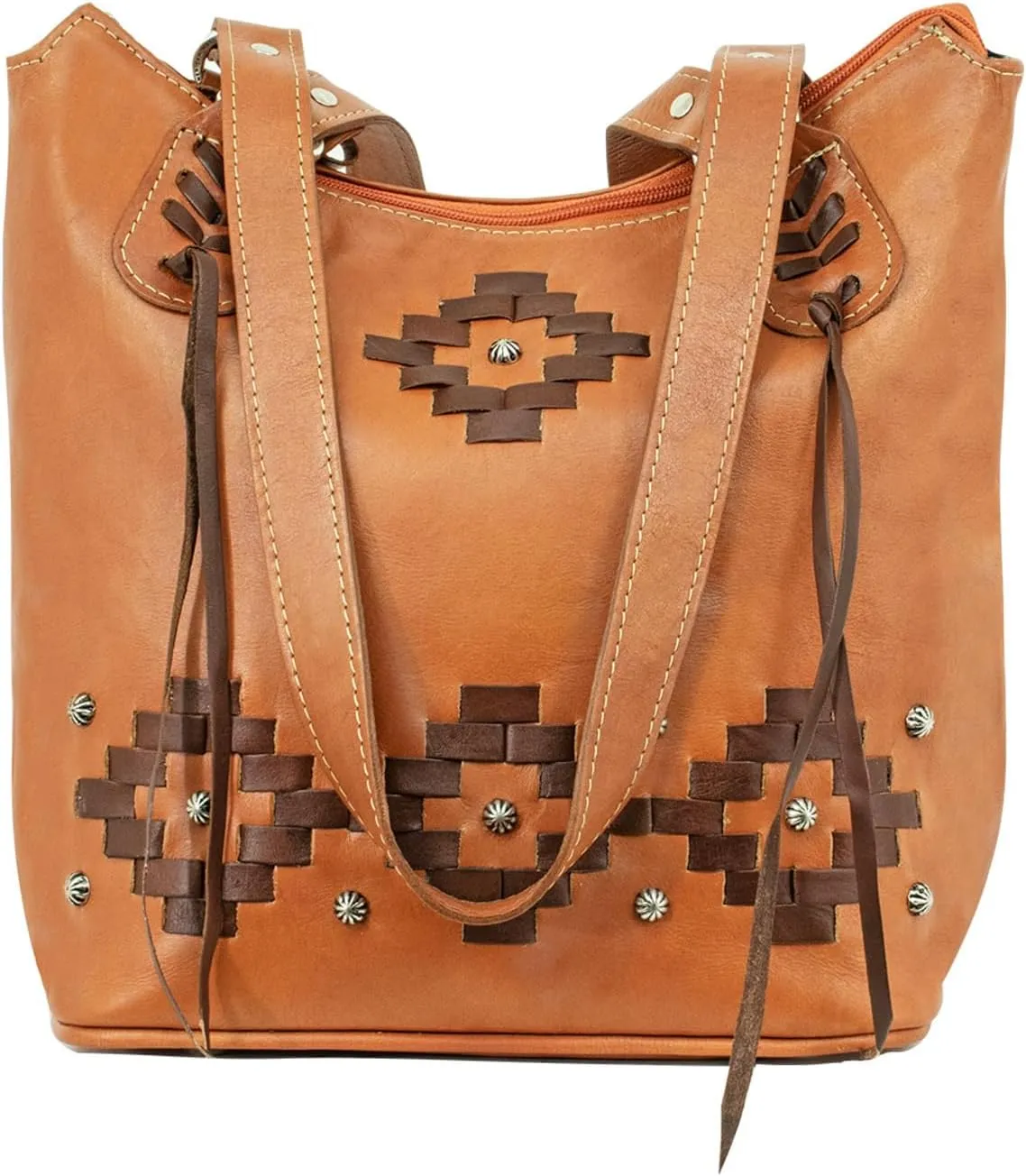 American West Womens Tribal Weave Zip Top Bucket Tote (Golden Tan)