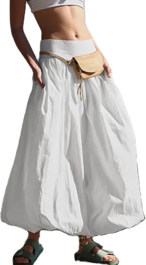 Aonoapll Y2k Women Bubble Maxi Skirt Casual Elastic Low Waist Flowy A Line Long Skirt Summer Ruffle Balloon Skirt