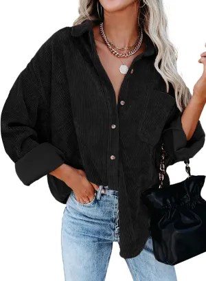 Astylish Women Corduroy Shirts Casual Long Sleeve Button Down Blouses Top