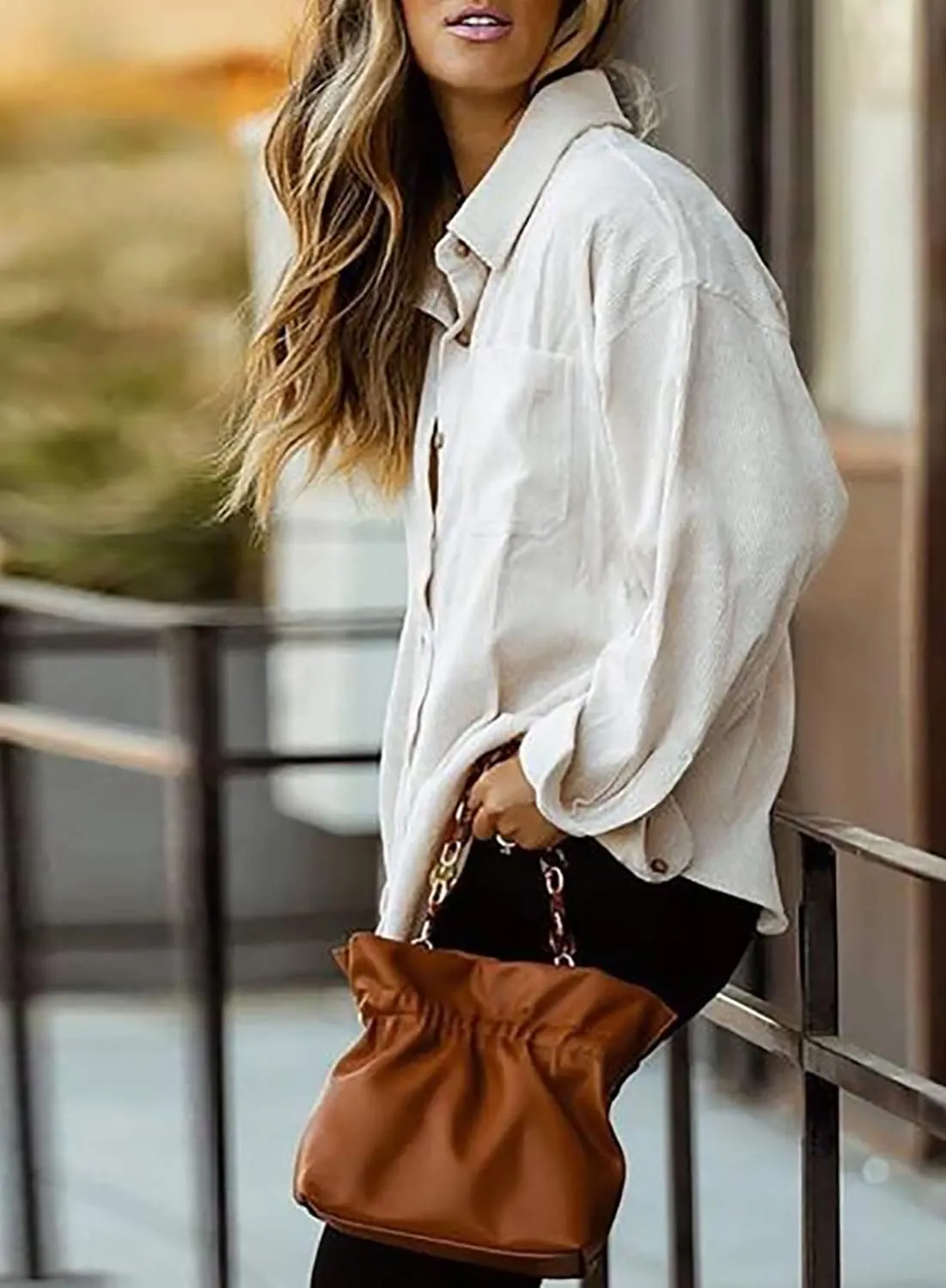 Astylish Women Corduroy Shirts Casual Long Sleeve Button Down Blouses Top