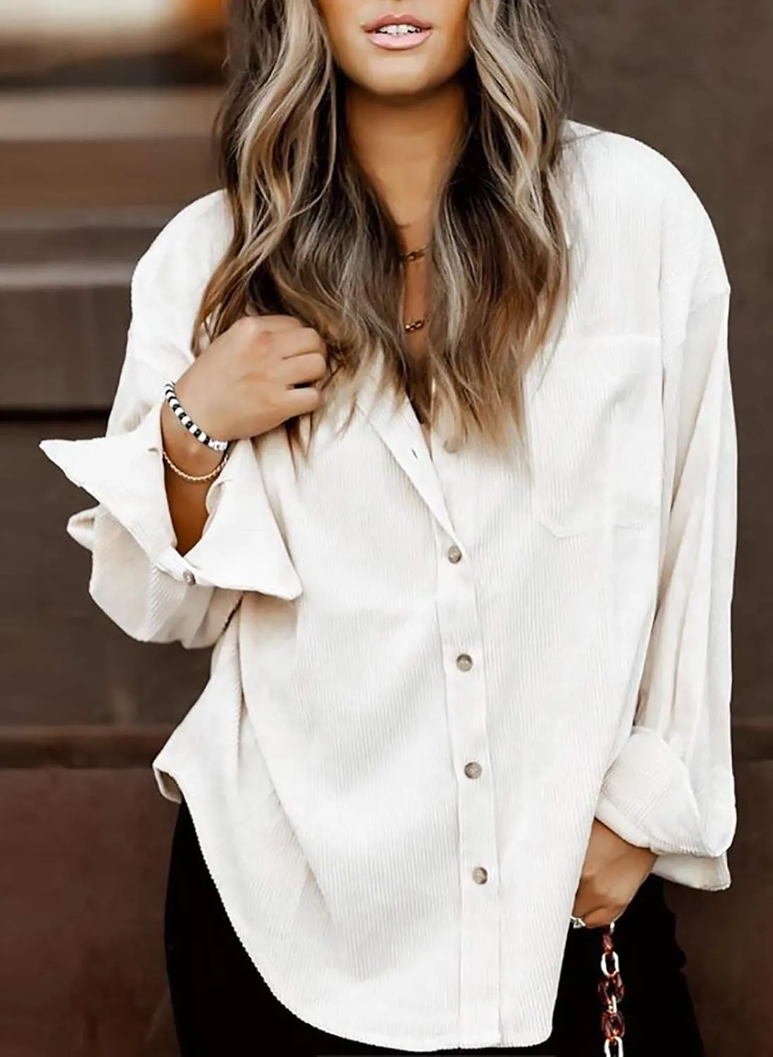 Astylish Women Corduroy Shirts Casual Long Sleeve Button Down Blouses Top