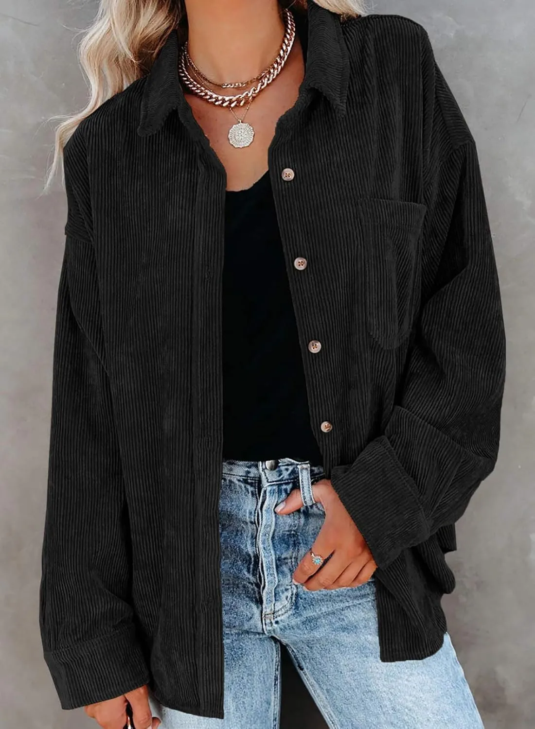 Astylish Women Corduroy Shirts Casual Long Sleeve Button Down Blouses Top