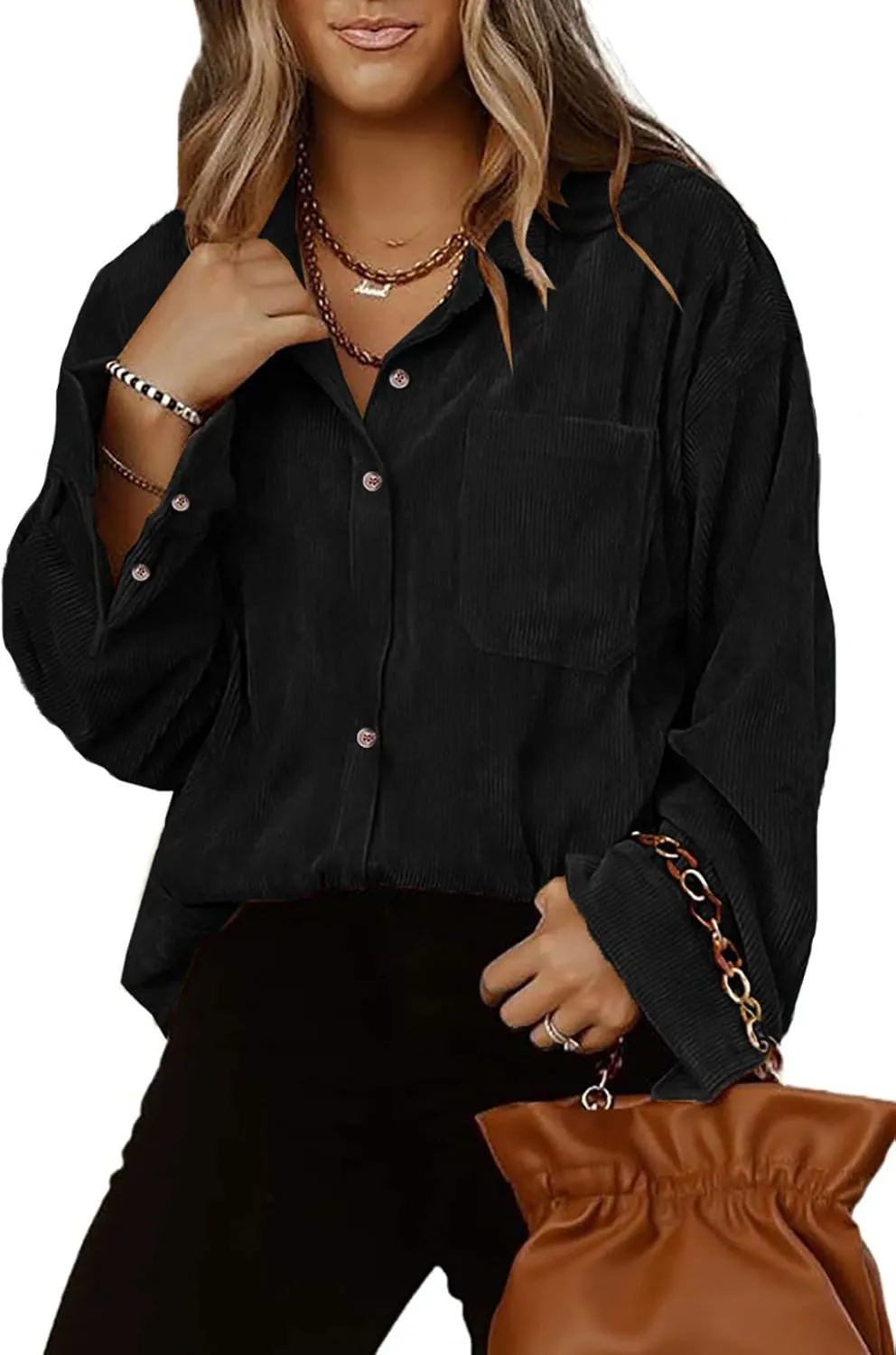 Astylish Women Corduroy Shirts Casual Long Sleeve Button Down Blouses Top