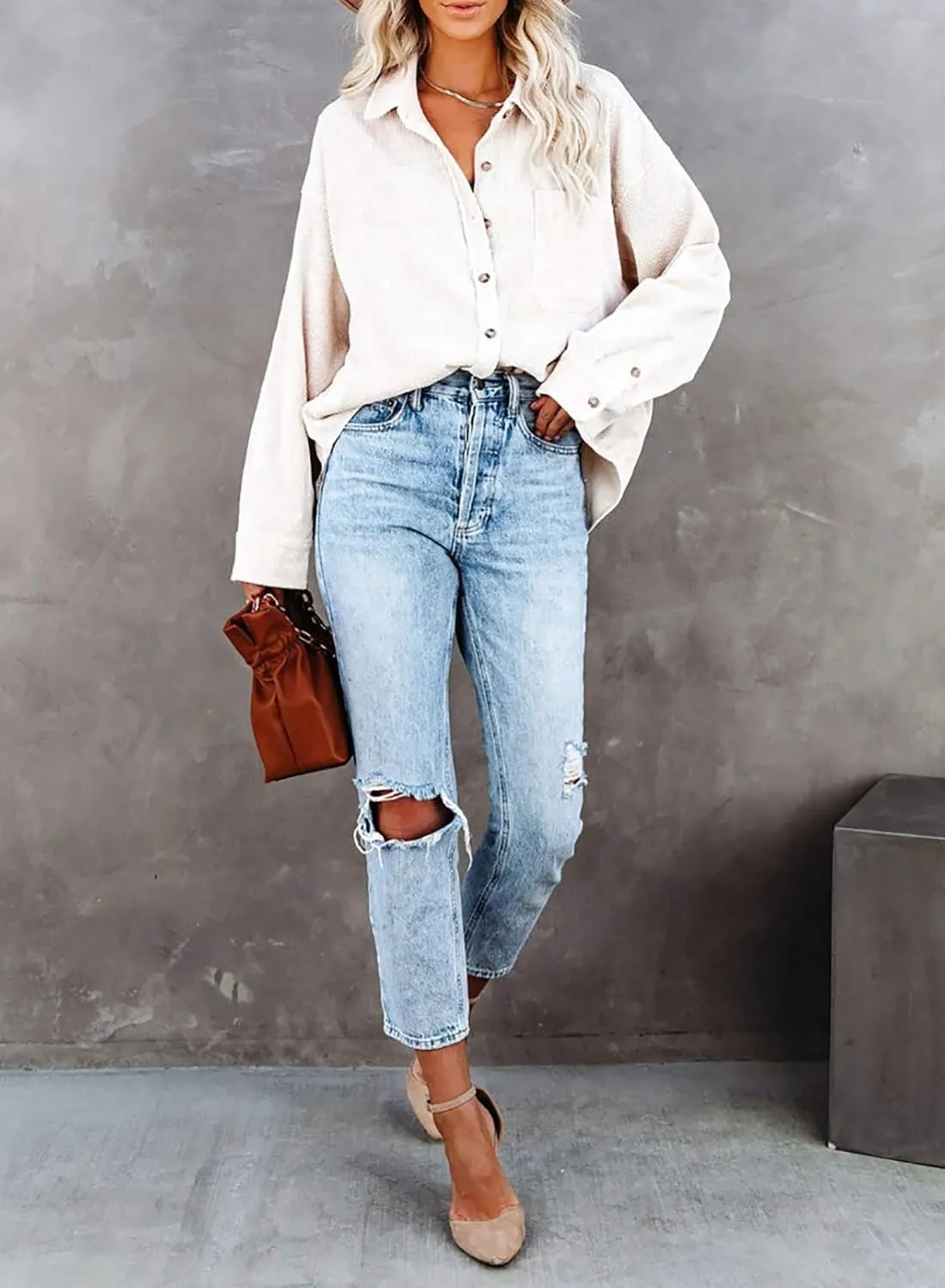 Astylish Women Corduroy Shirts Casual Long Sleeve Button Down Blouses Top