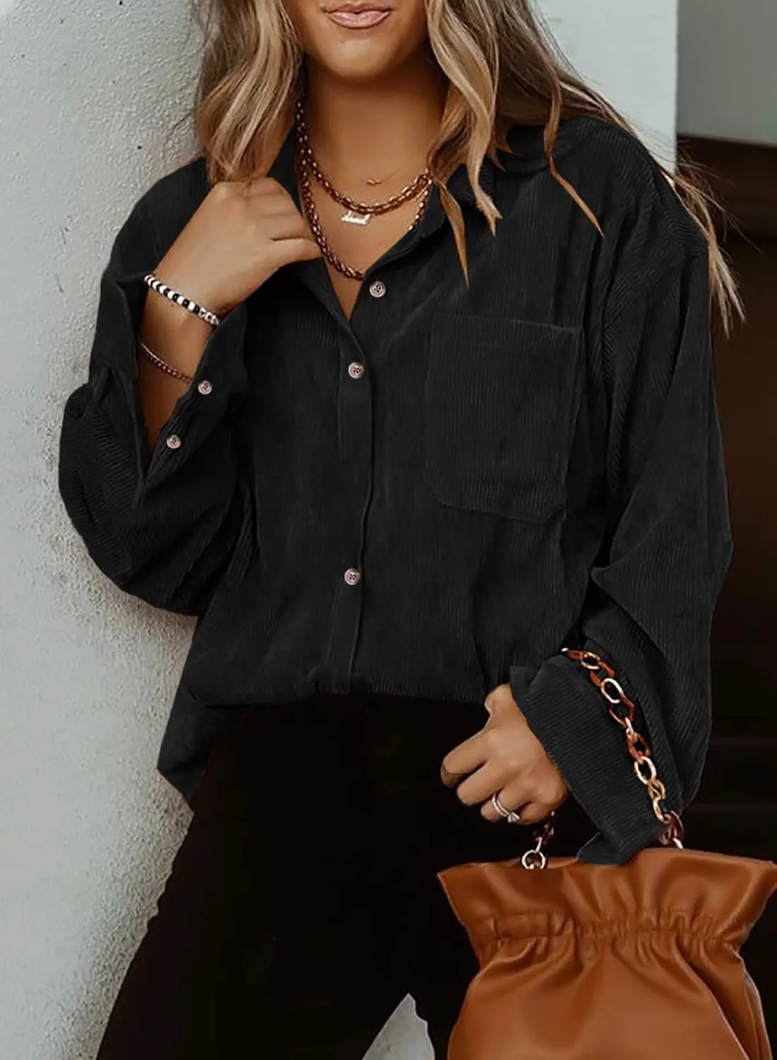 Astylish Women Corduroy Shirts Casual Long Sleeve Button Down Blouses Top