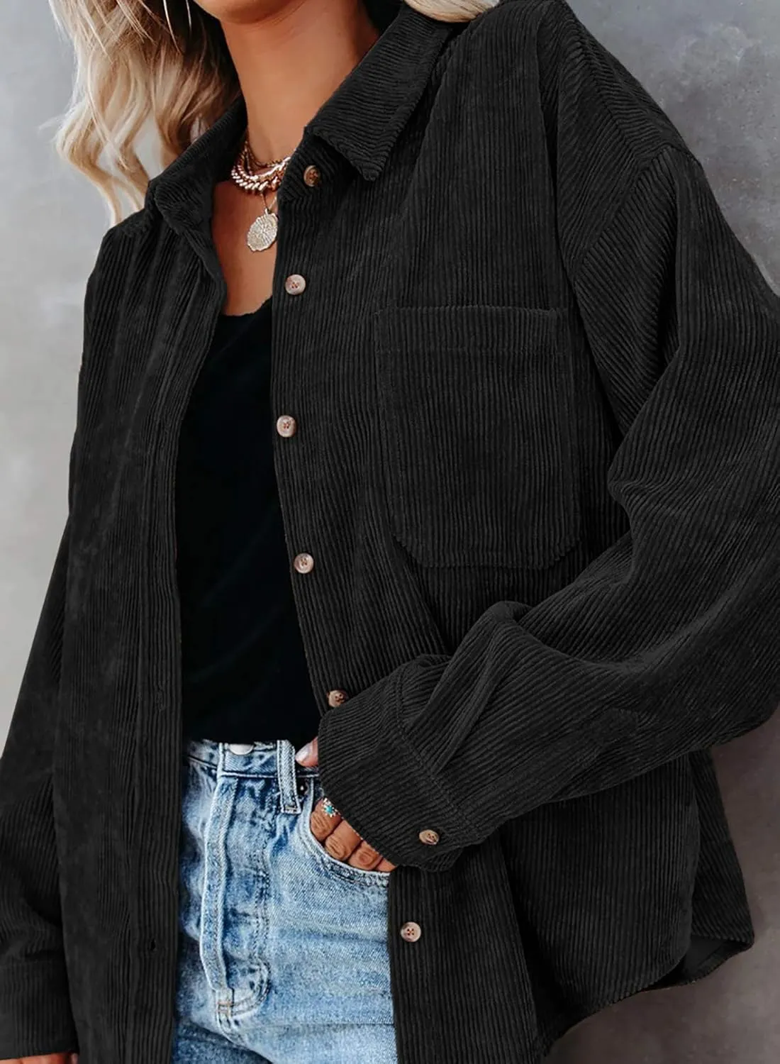 Astylish Women Corduroy Shirts Casual Long Sleeve Button Down Blouses Top