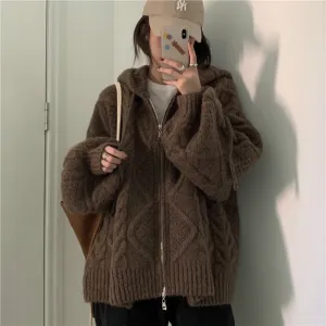 Autumn Winter Over-sized Knitted Cardigan Casual Hooded