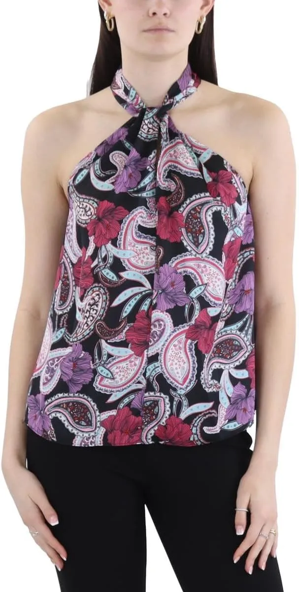 BCBGMAXAZRIA Women's Sleeveless Relaxed Top Twisted Halter Neck Back Keyhole Shirt