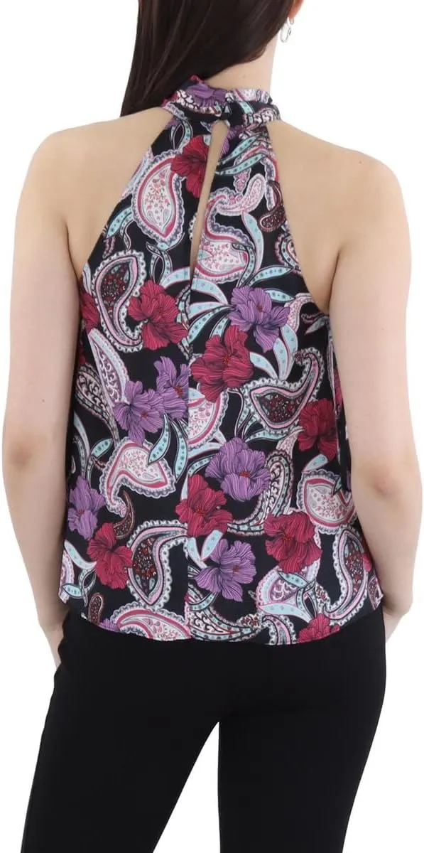 BCBGMAXAZRIA Women's Sleeveless Relaxed Top Twisted Halter Neck Back Keyhole Shirt
