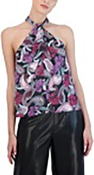 BCBGMAXAZRIA Women's Sleeveless Relaxed Top Twisted Halter Neck Back Keyhole Shirt