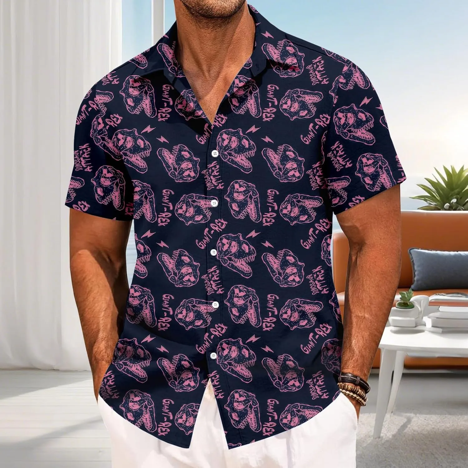 Beach Button up Shirts for Men - Short Sleeve Dinosaur Button up Shirt - Quick-Dry Tropical Printed Top Vacation Outfit