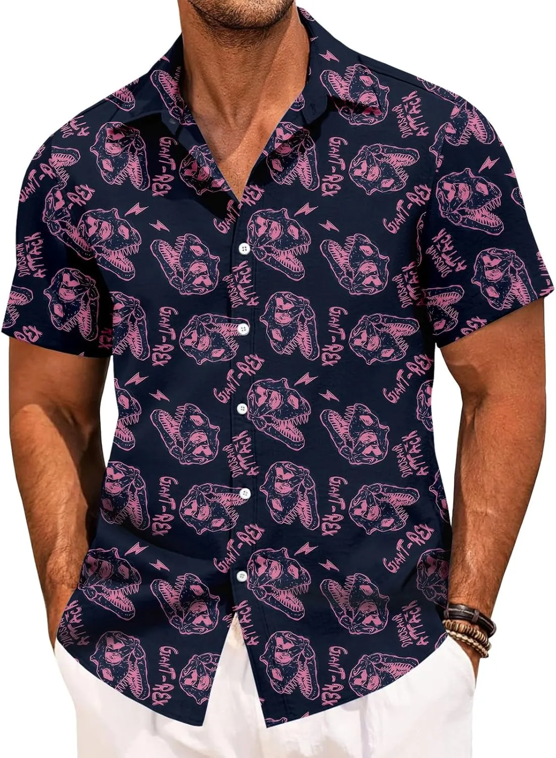 Beach Button up Shirts for Men - Short Sleeve Dinosaur Button up Shirt - Quick-Dry Tropical Printed Top Vacation Outfit