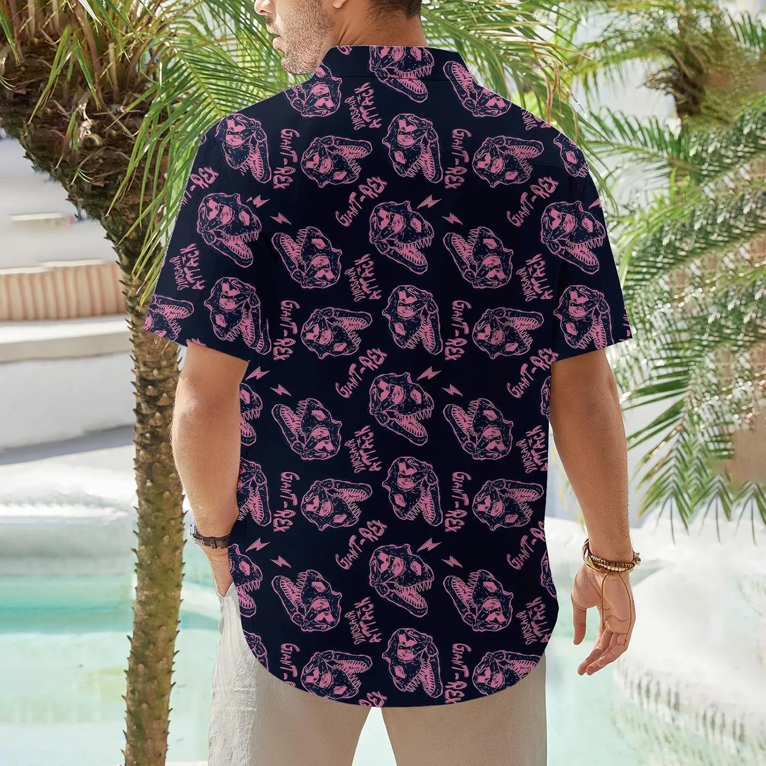 Beach Button up Shirts for Men - Short Sleeve Dinosaur Button up Shirt - Quick-Dry Tropical Printed Top Vacation Outfit