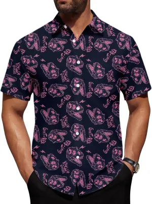 Beach Button up Shirts for Men - Short Sleeve Dinosaur Button up Shirt - Quick-Dry Tropical Printed Top Vacation Outfit